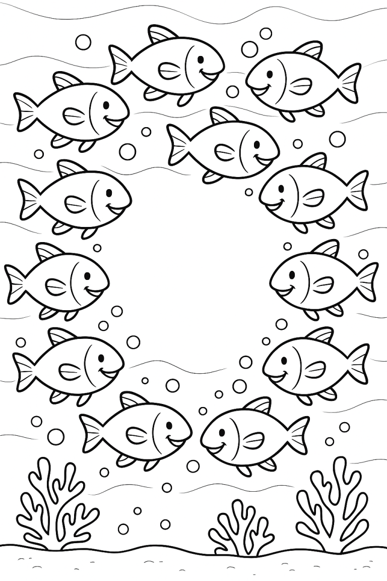 Children's coloring page with fish and bubbles