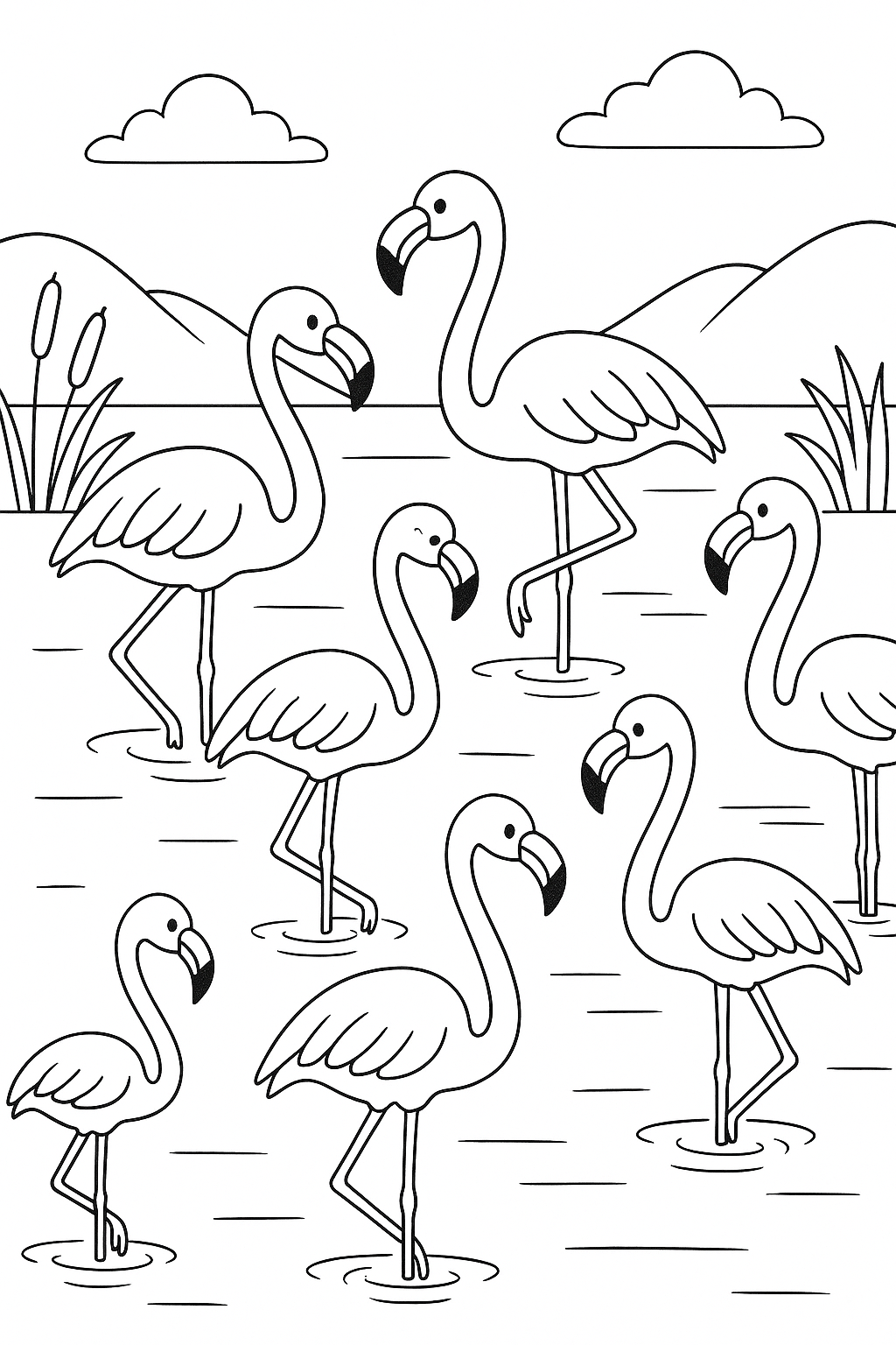 Flamingo coloring page with multiple flamingos