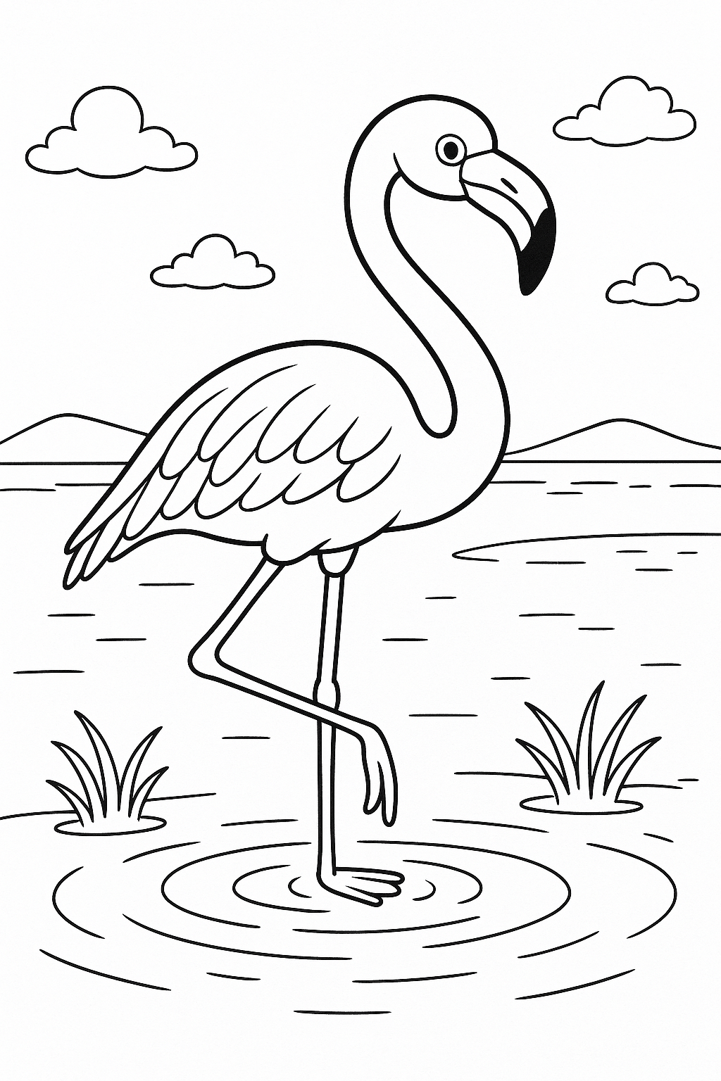 Flamingo standing in water, coloring page