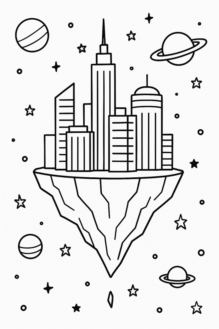 Floating cityscape with buildings in space