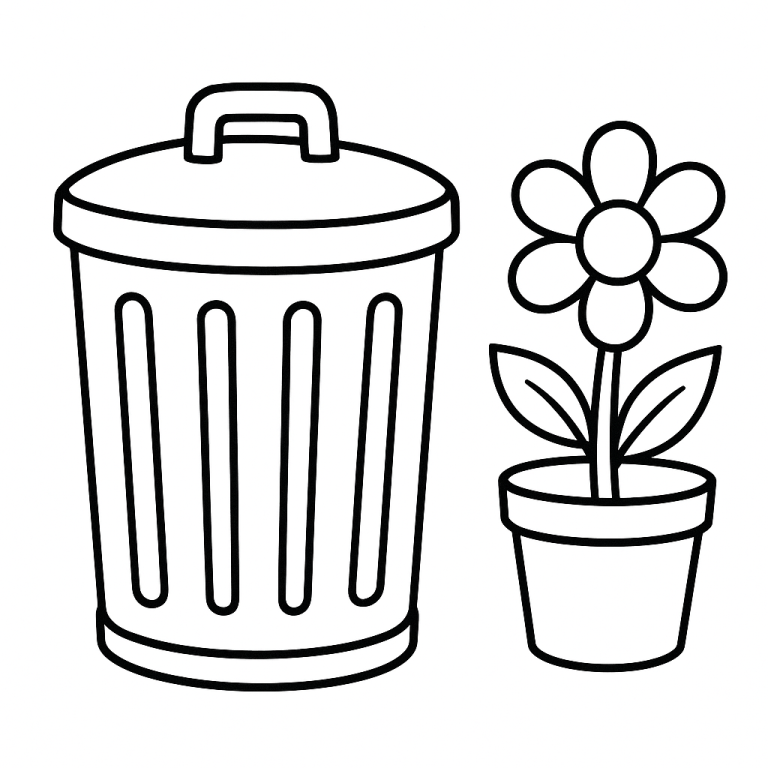 Coloring page with a flower and a bin