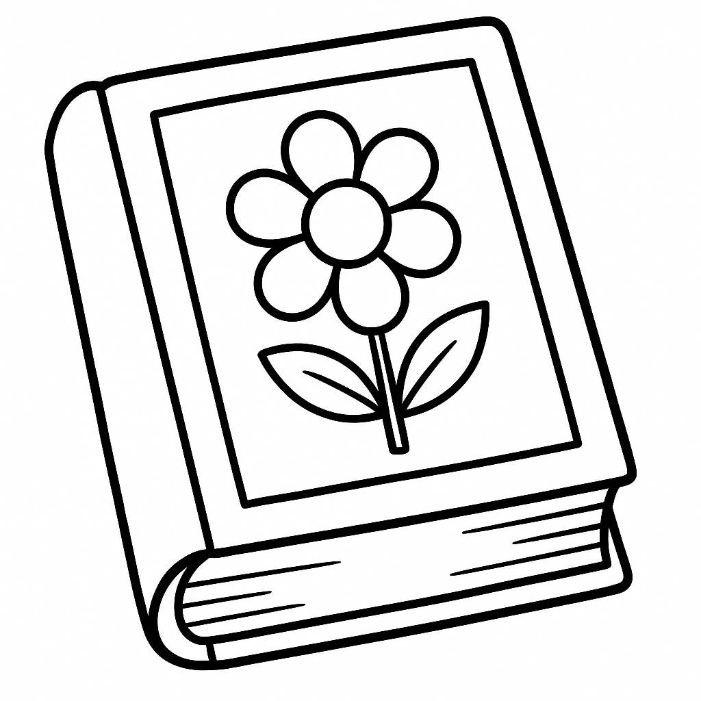 Coloring page of a book with a flower on the cover