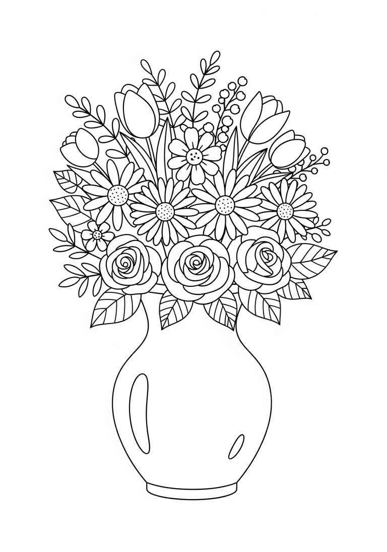 Flower vase coloring page with various flowers