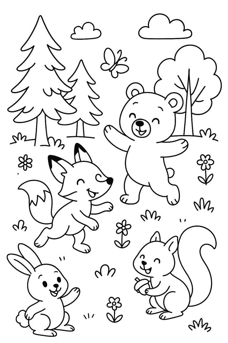 Coloring page with forest animals playing