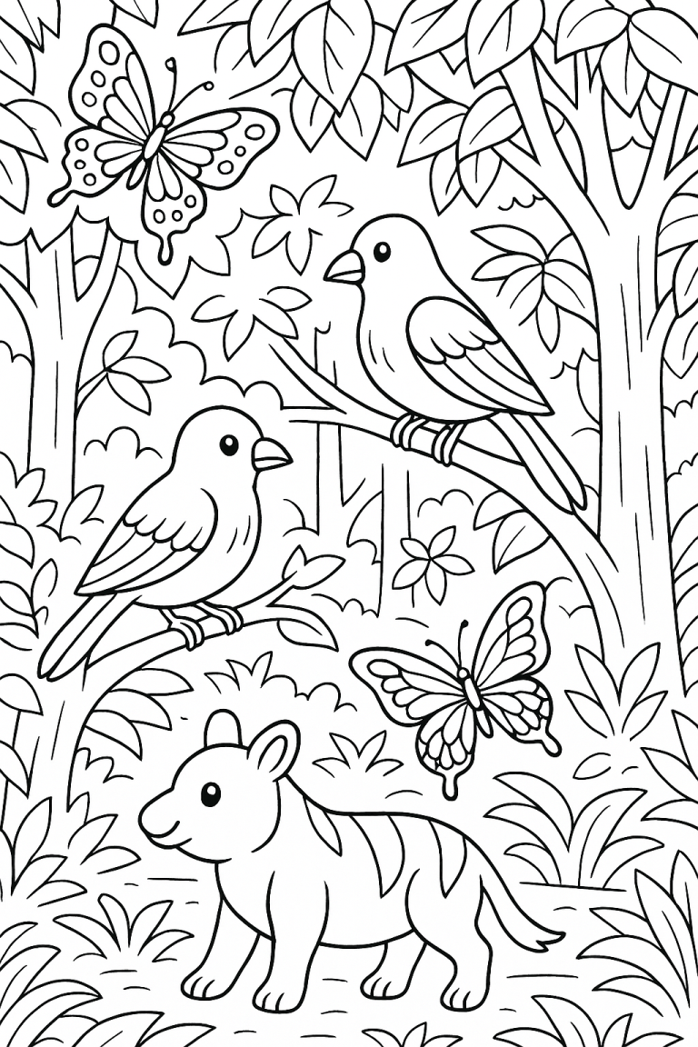 Coloring page with birds, butterflies, and a forest background