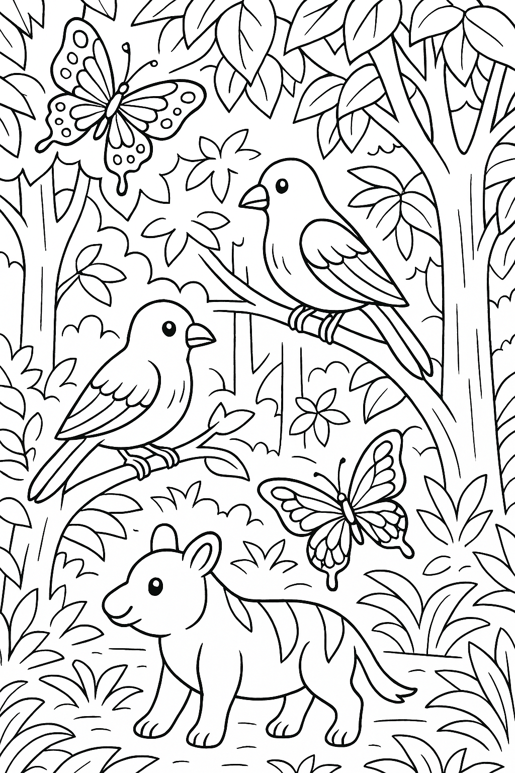 Coloring page with birds, butterflies, and a forest background