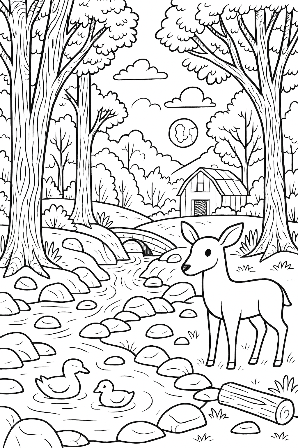 Coloring page with a deer and ducks in a forest