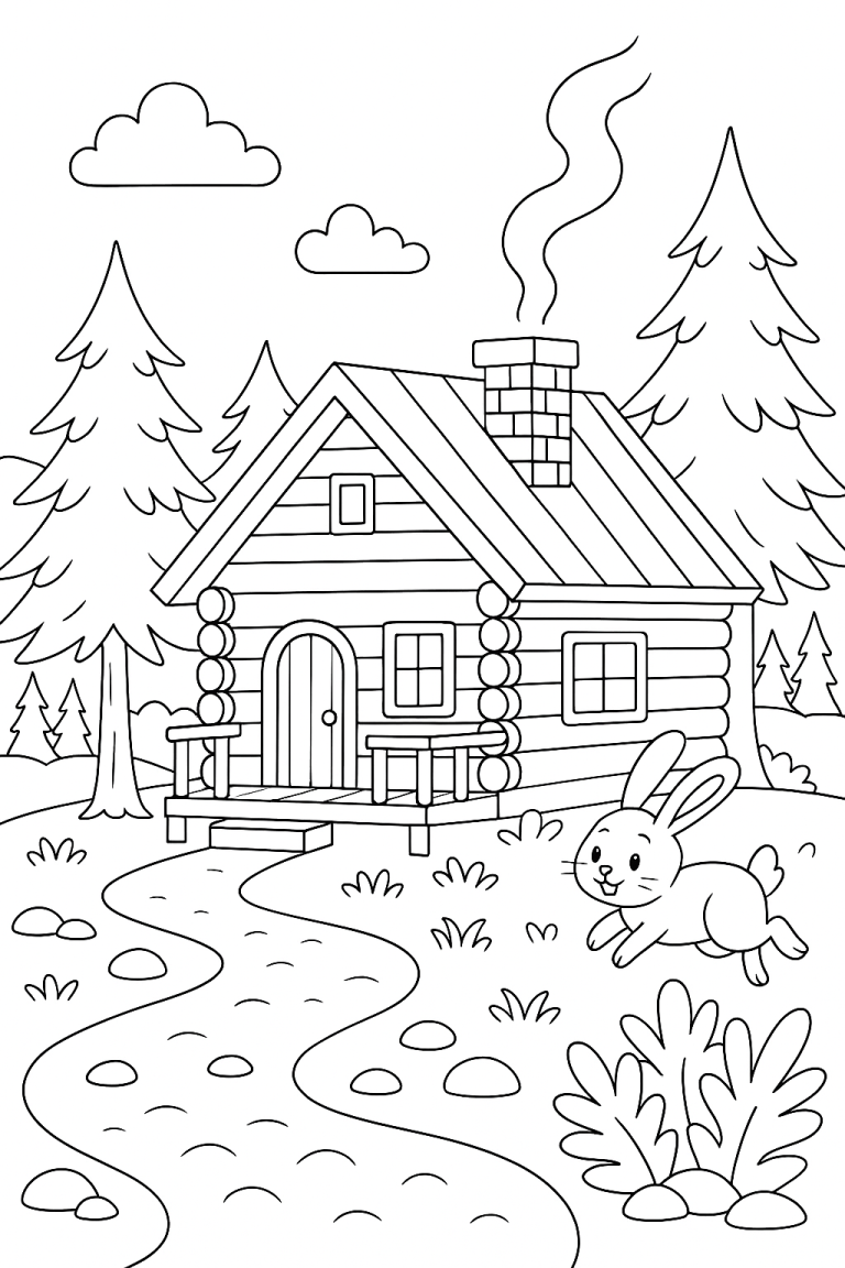 Forest cabin with trees and a rabbit