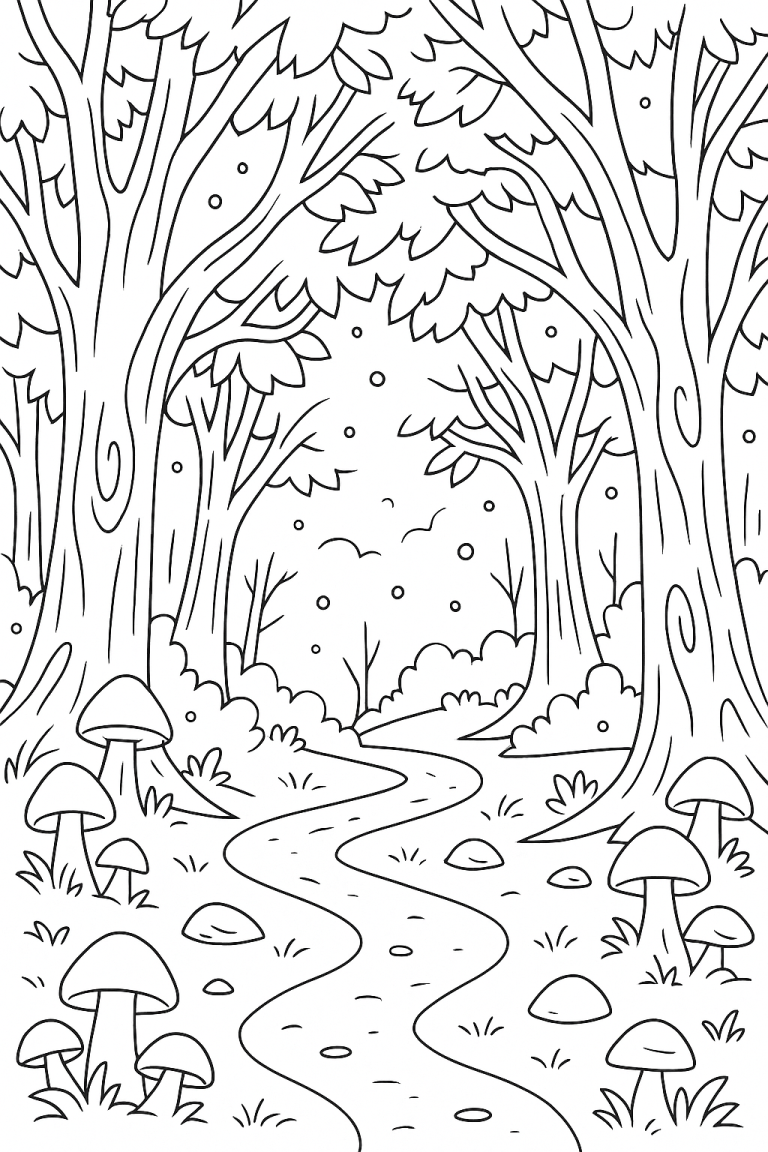 Coloring page of a forest with trees and mushrooms