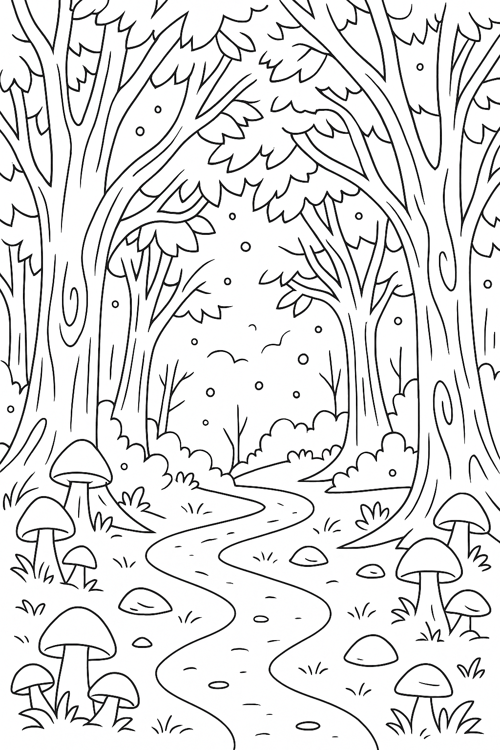 Coloring page of a forest with trees and mushrooms