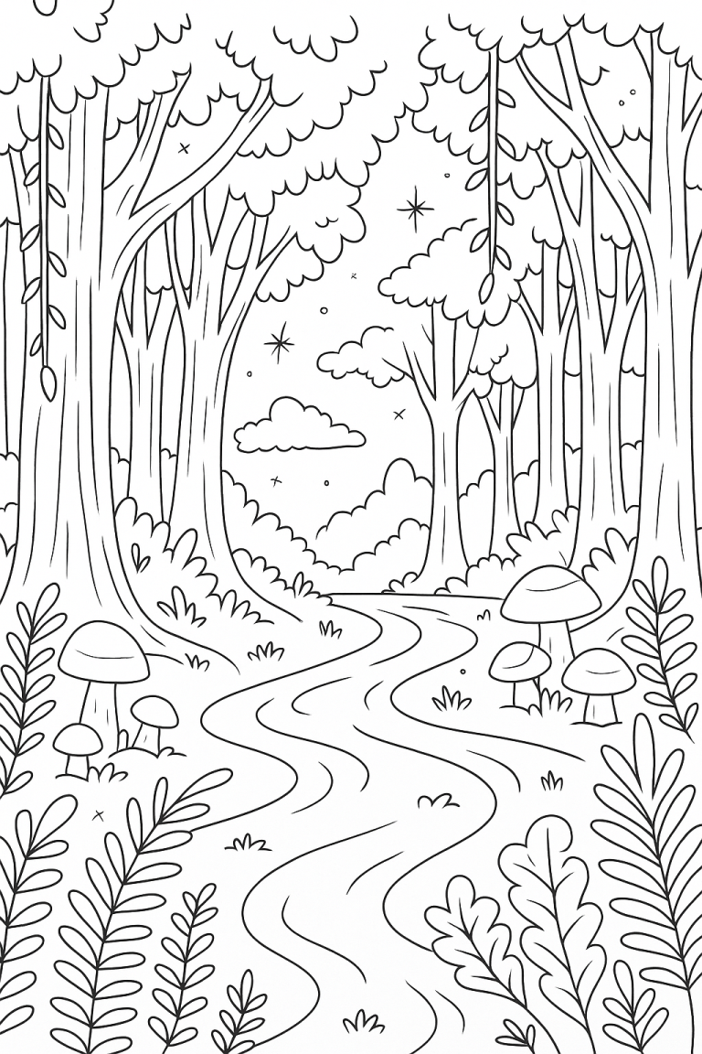 Forest landscape coloring page with trees and mushrooms.