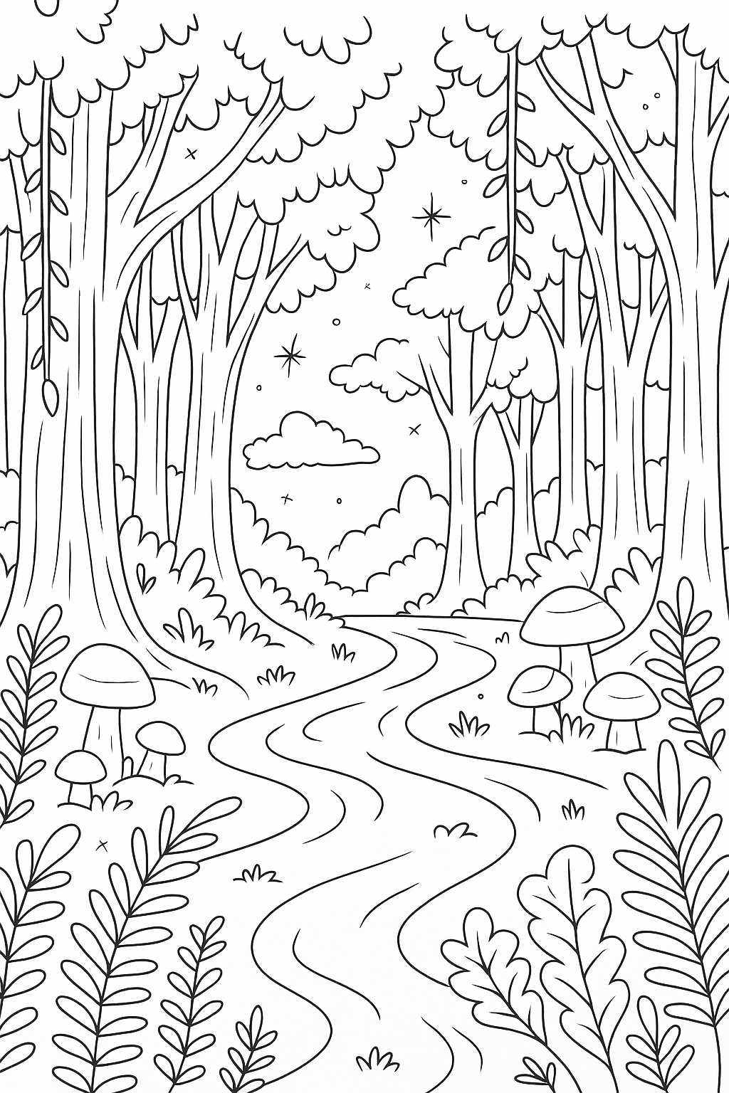 Forest landscape coloring page with trees and mushrooms.