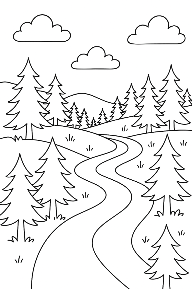 Forest landscape coloring page with trees and path