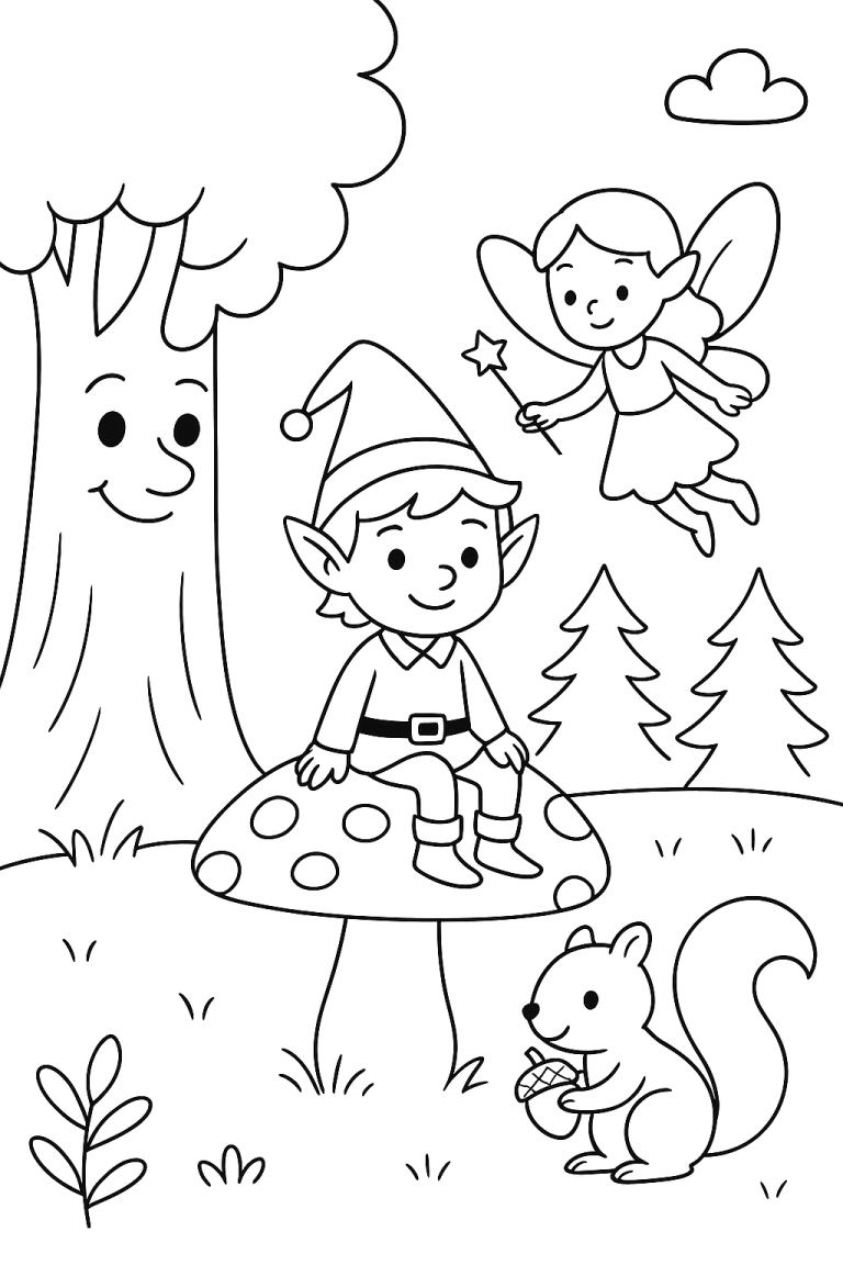 Forest elf sitting on a mushroom with fairy and squirrel