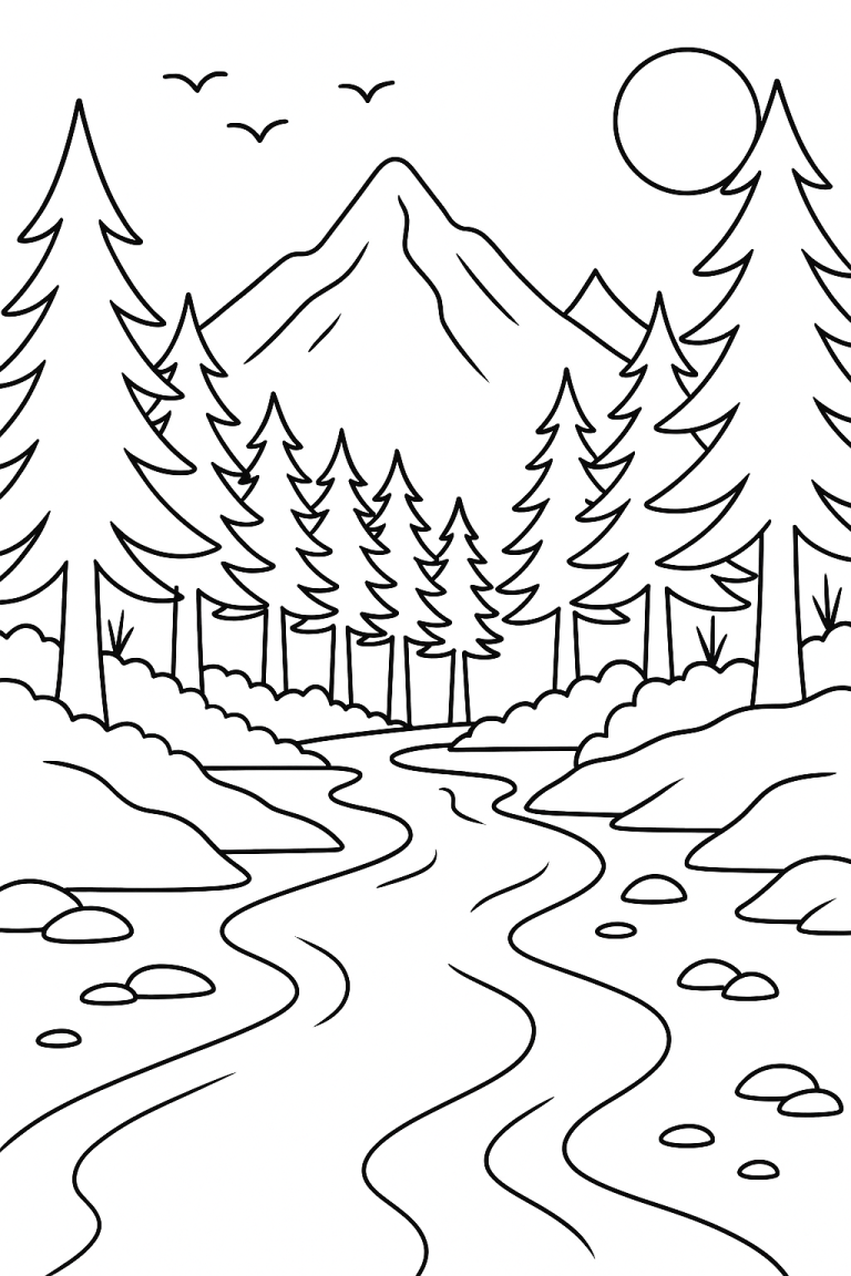 A forest landscape coloring page with trees and mountains