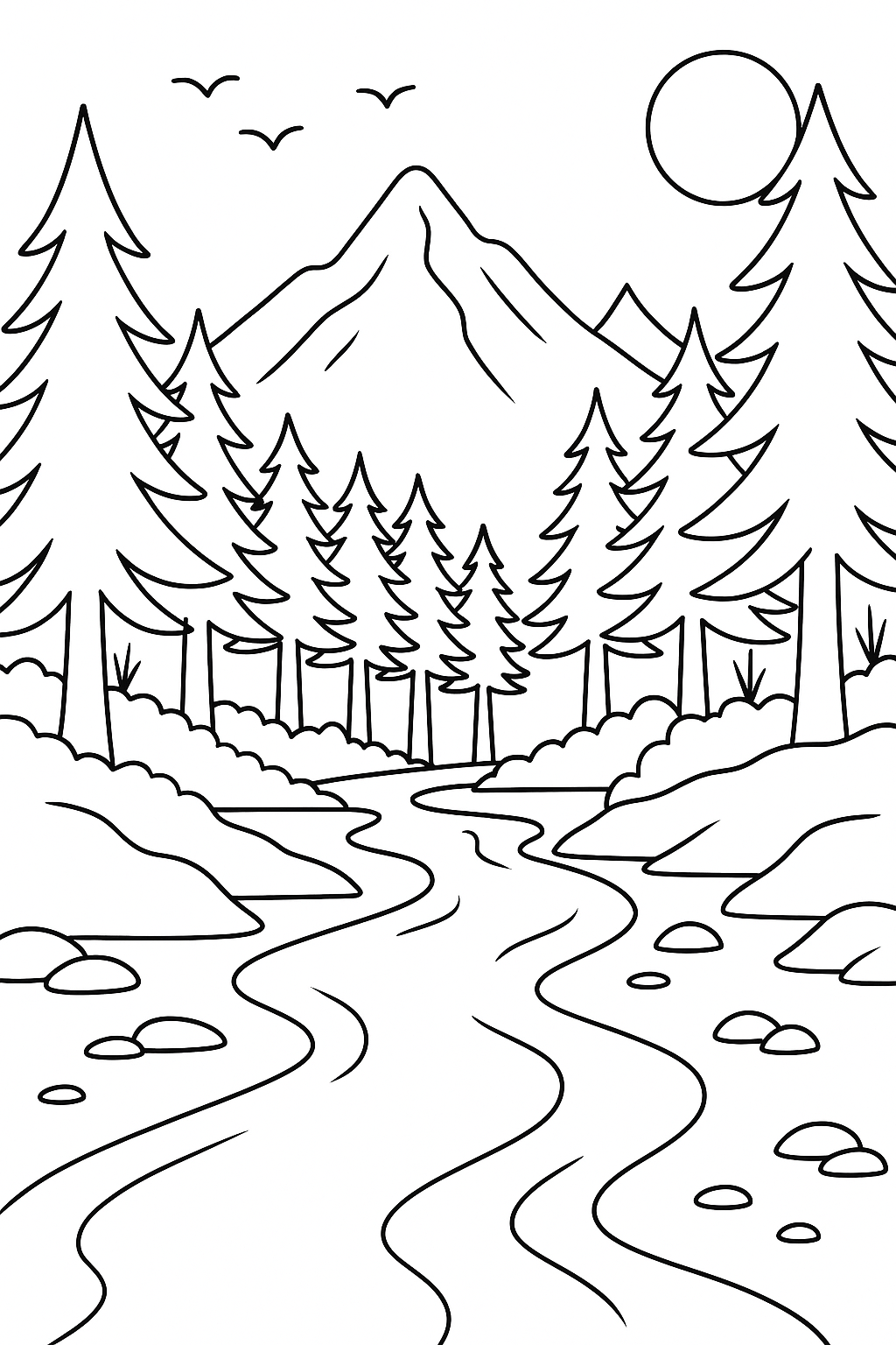 A forest landscape coloring page with trees and mountains