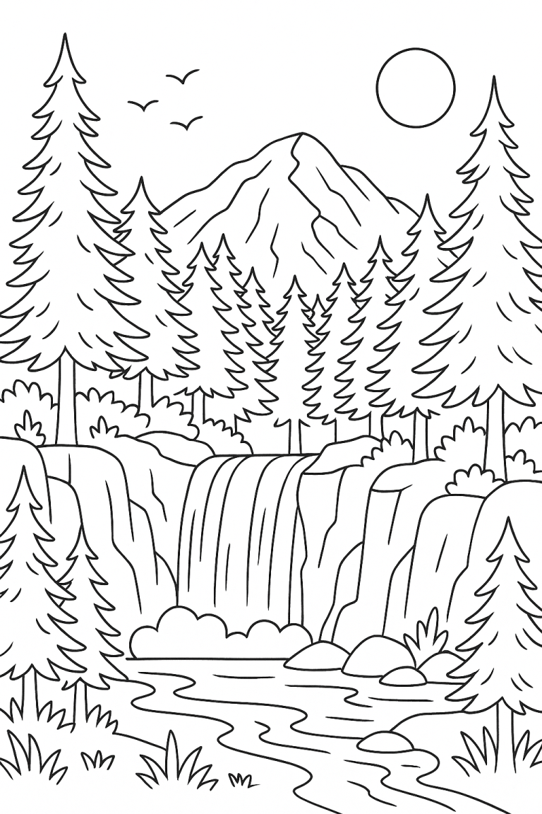 Forest landscape with trees and waterfall
