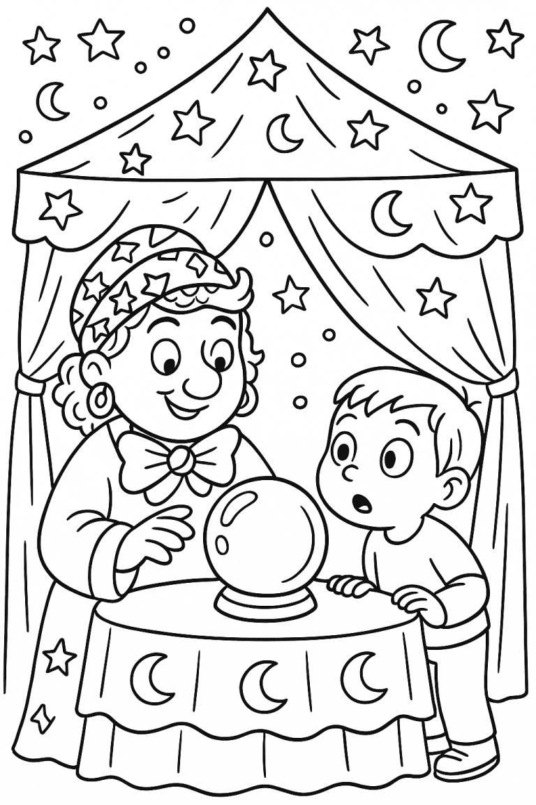Child with a fortune teller at a table with stars and moons.