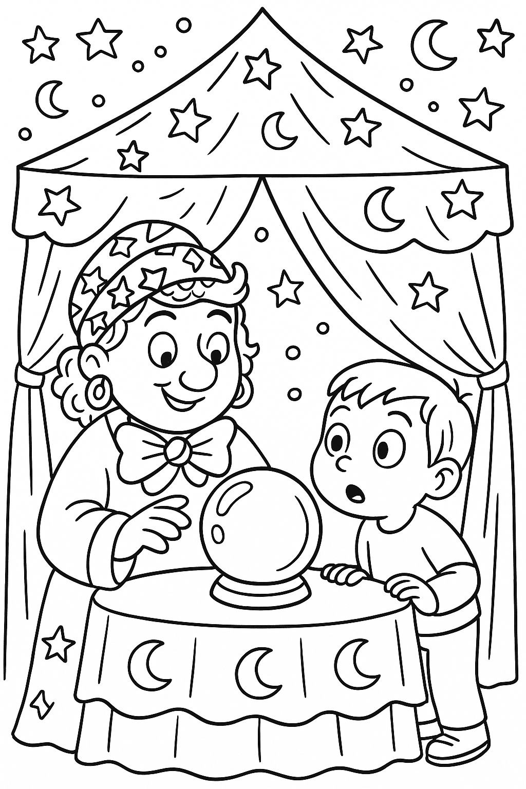 Child with a fortune teller at a table with stars and moons.