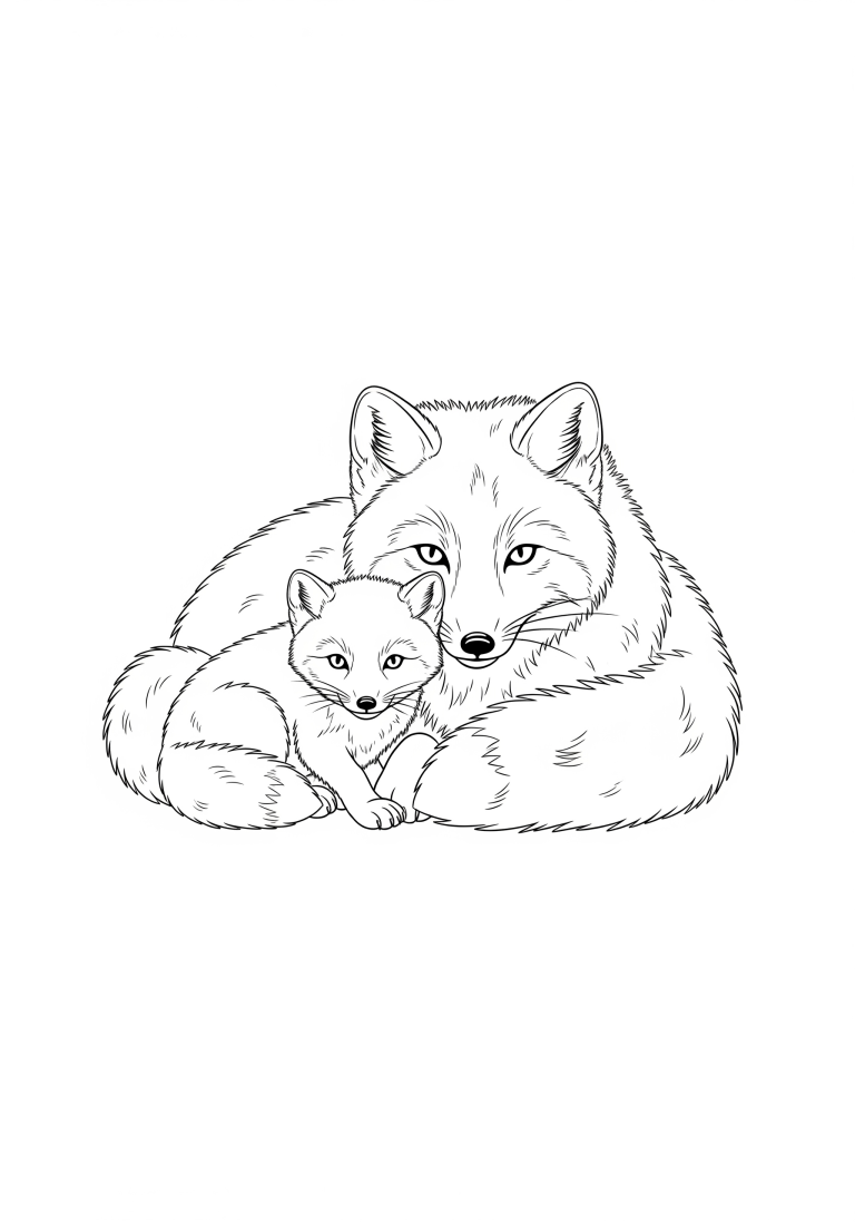 Fox and kit cuddling coloring page