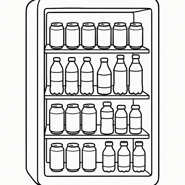 Fridge coloring page with cans and bottles