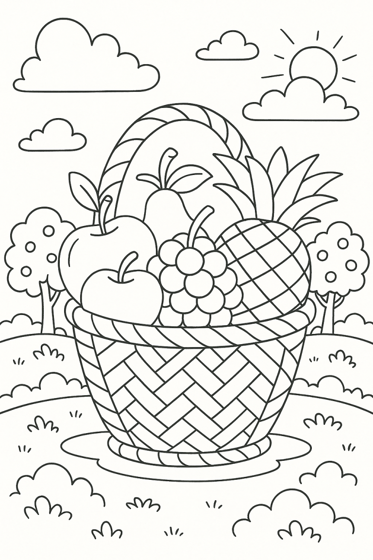 Fruit basket coloring page with apples, grapes, and pineapple