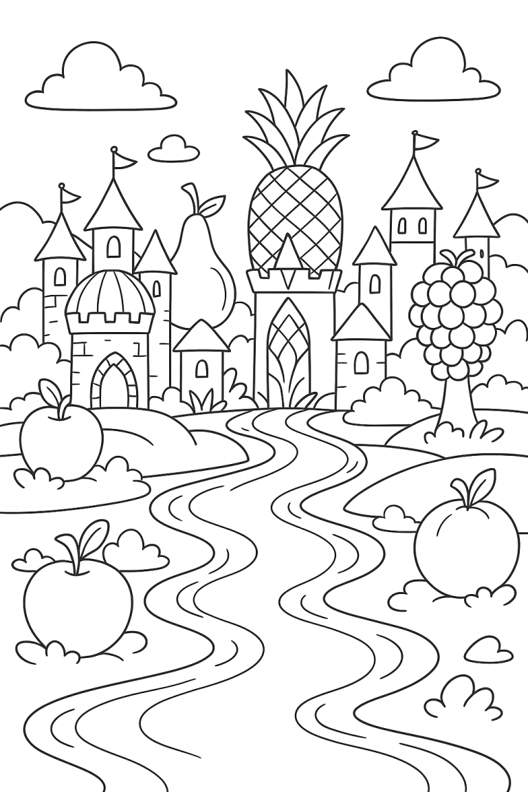 Coloring page of a castle with fruit motifs