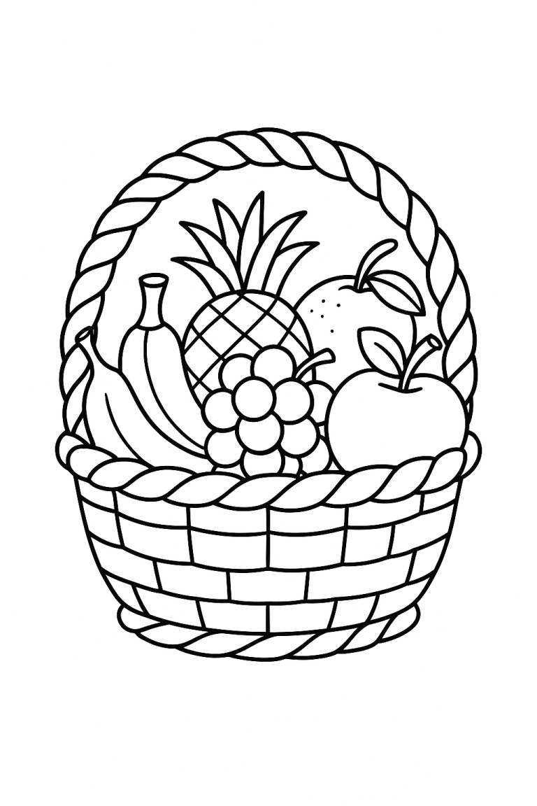 Fruit basket coloring page with various fruits.