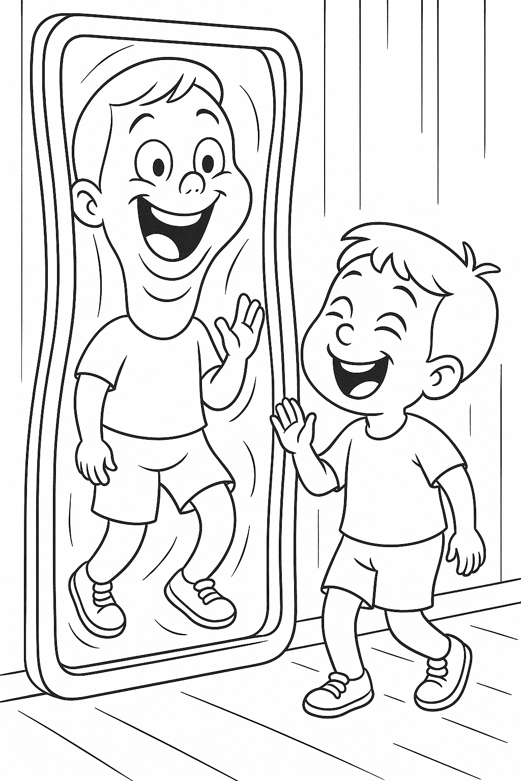 Child looking at reflection in funhouse mirror