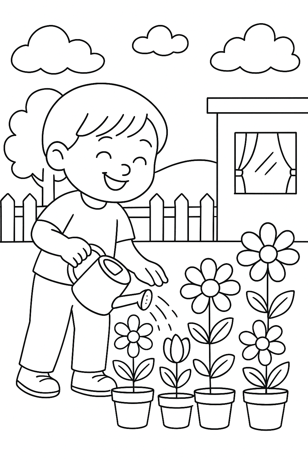 Child watering flowers in a garden, coloring page