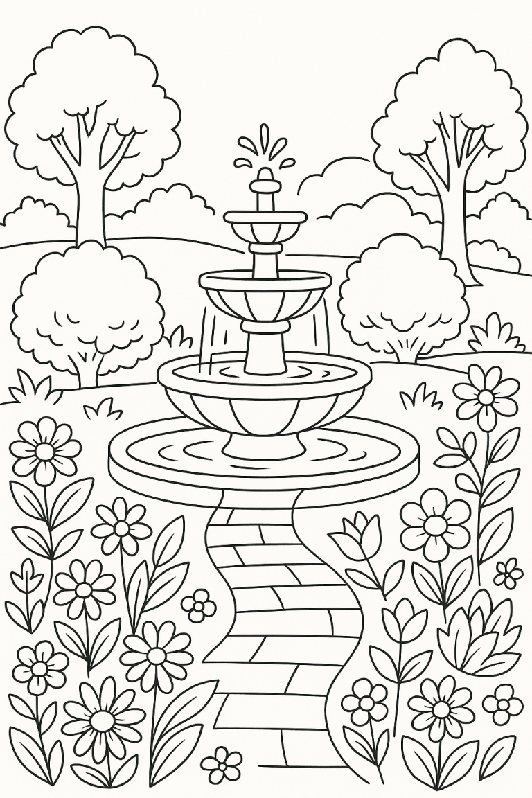 Garden fountain coloring page with flowers and trees
