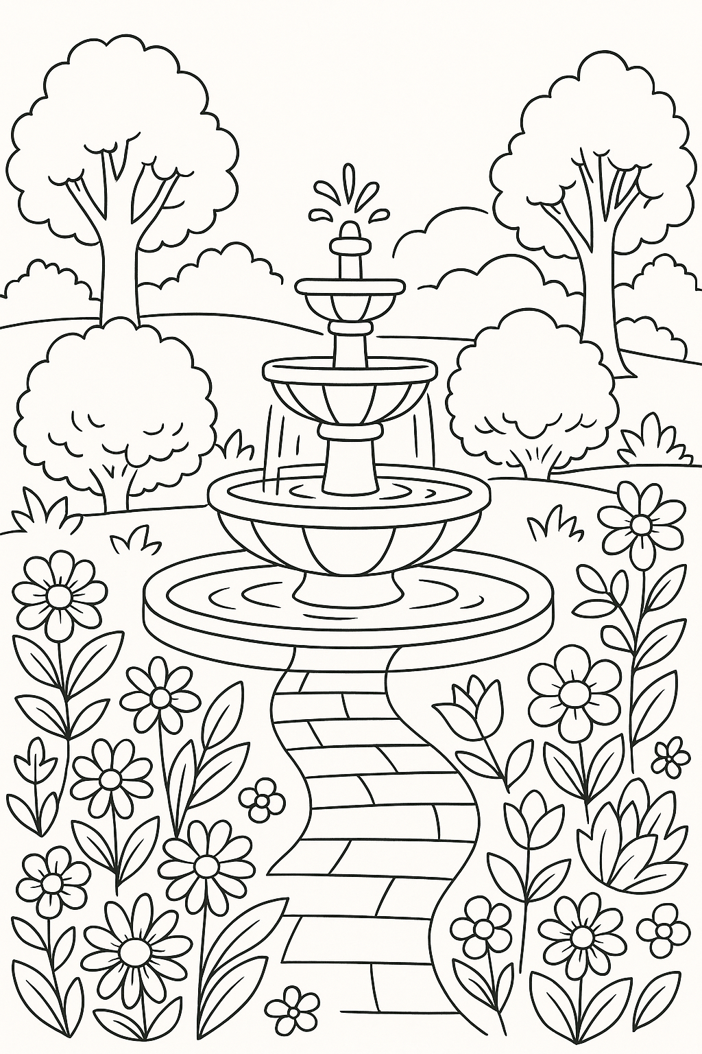 Garden fountain coloring page with flowers and trees