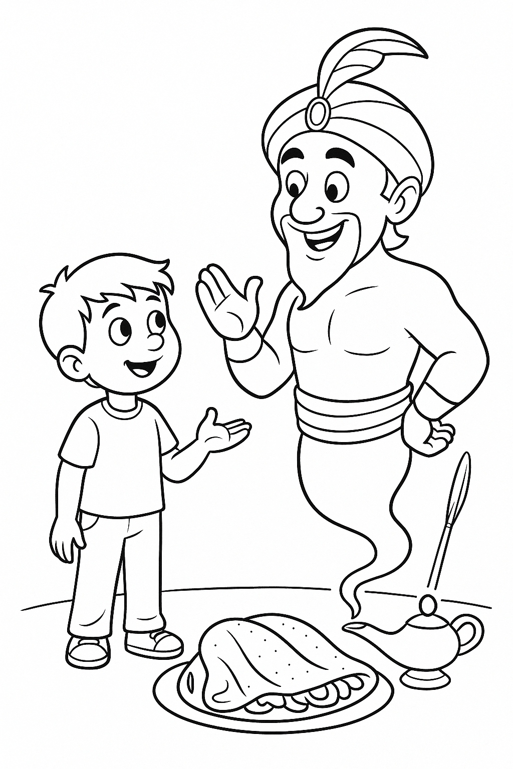 Genie and boy standing with a magic lamp