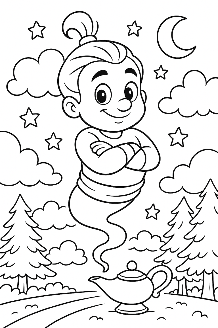 Genie rising from a lamp in a whimsical landscape