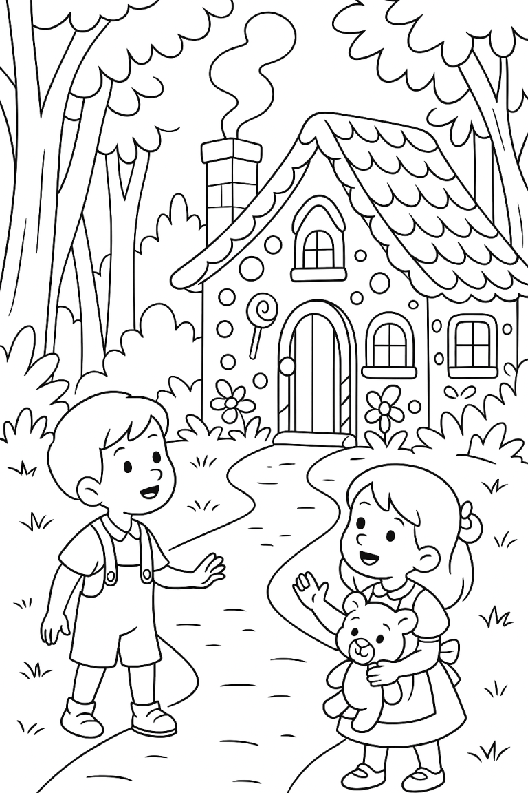 Children in front of gingerbread house in forest