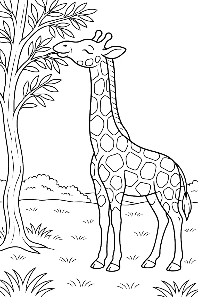 Giraffe standing near tree coloring page