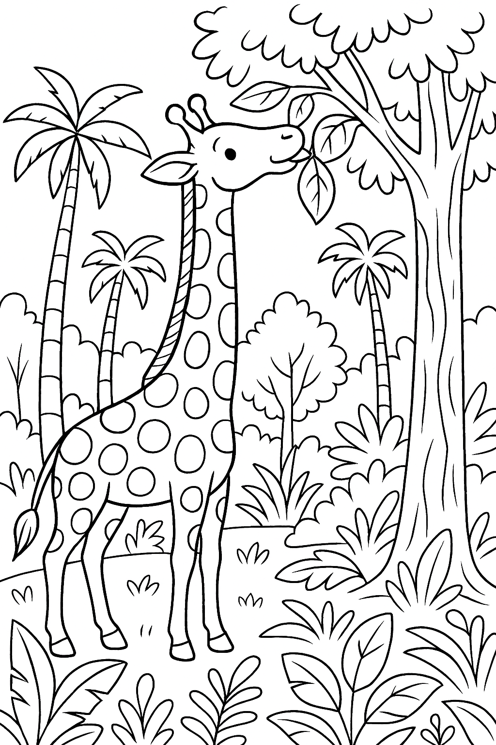Giraffe in a jungle setting coloring page