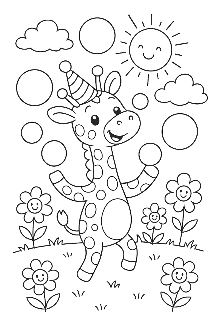 Smiling giraffe with flowers on coloring page
