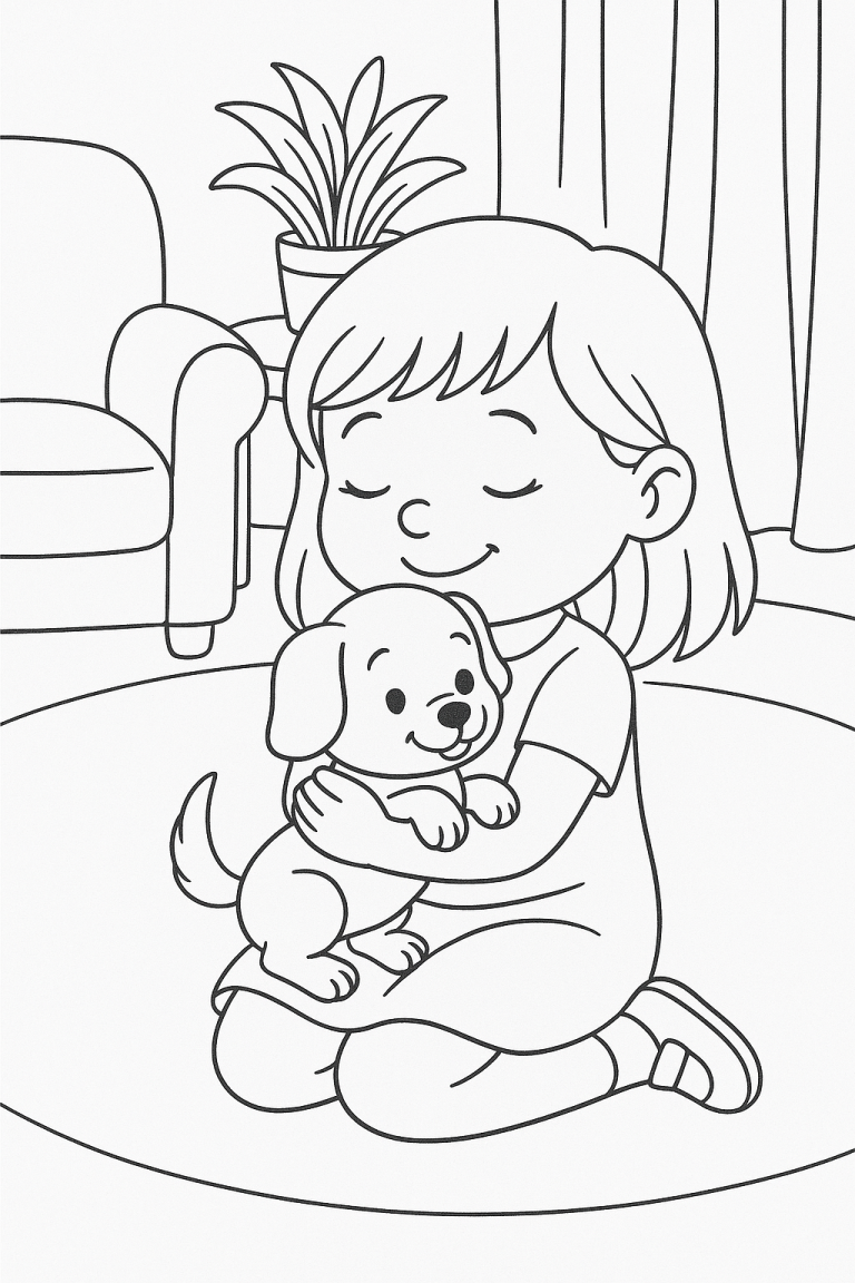 Young girl hugging a puppy in a living room