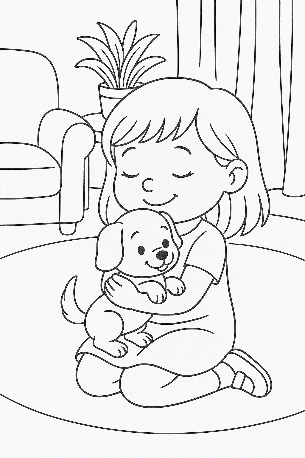 Young girl hugging a puppy in a living room