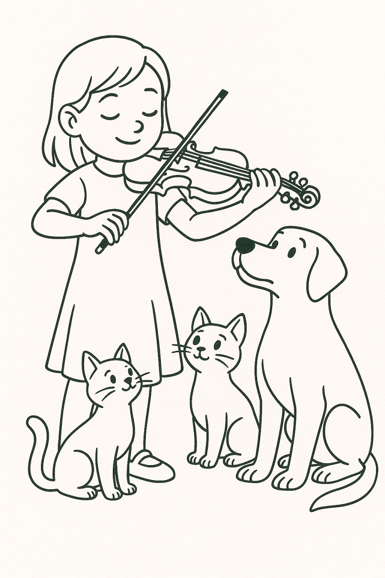 Girl playing violin with a dog and two cats.