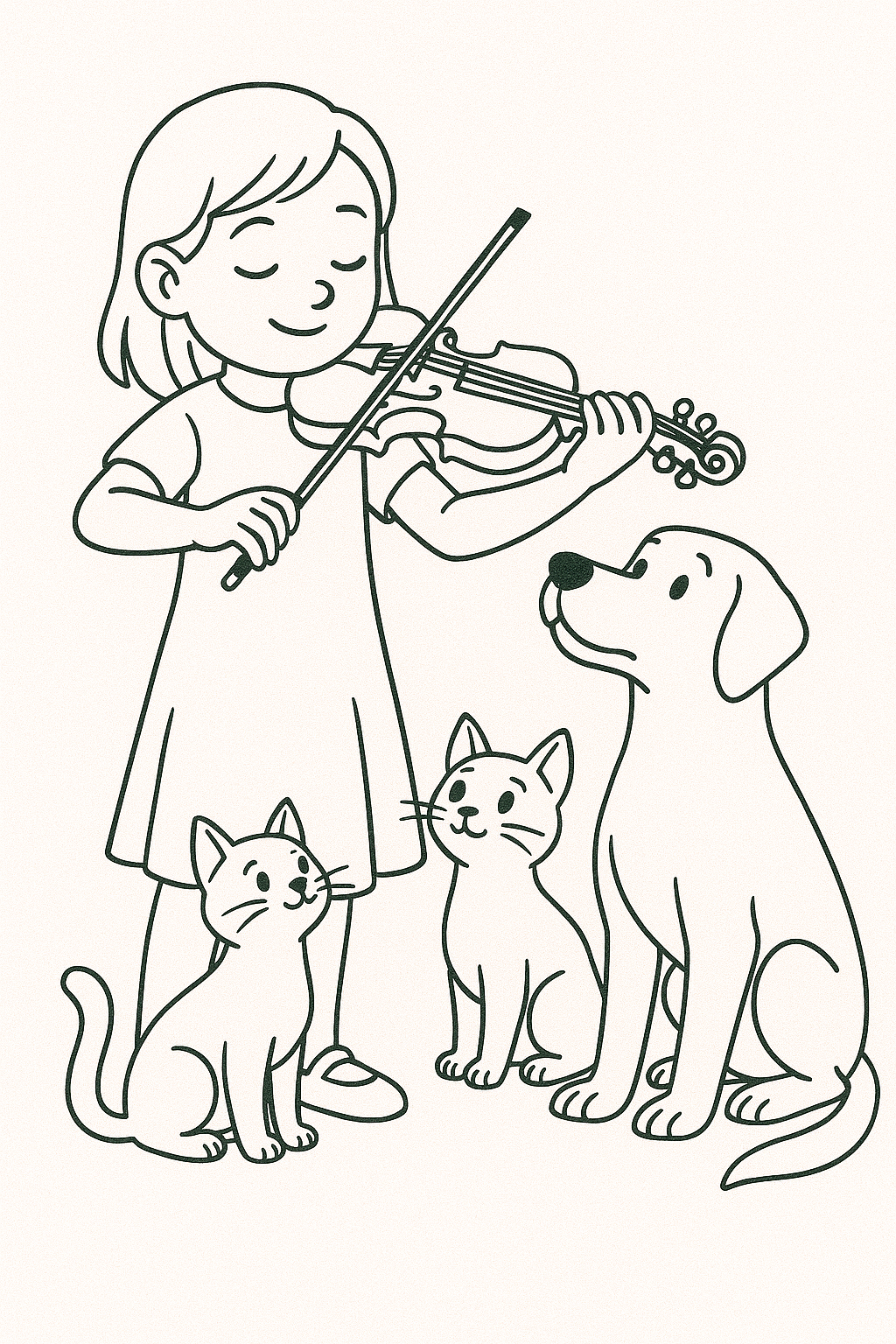 Girl playing violin with a dog and two cats.