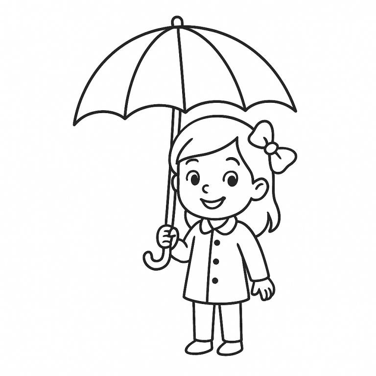 Coloring page of a girl holding an umbrella.