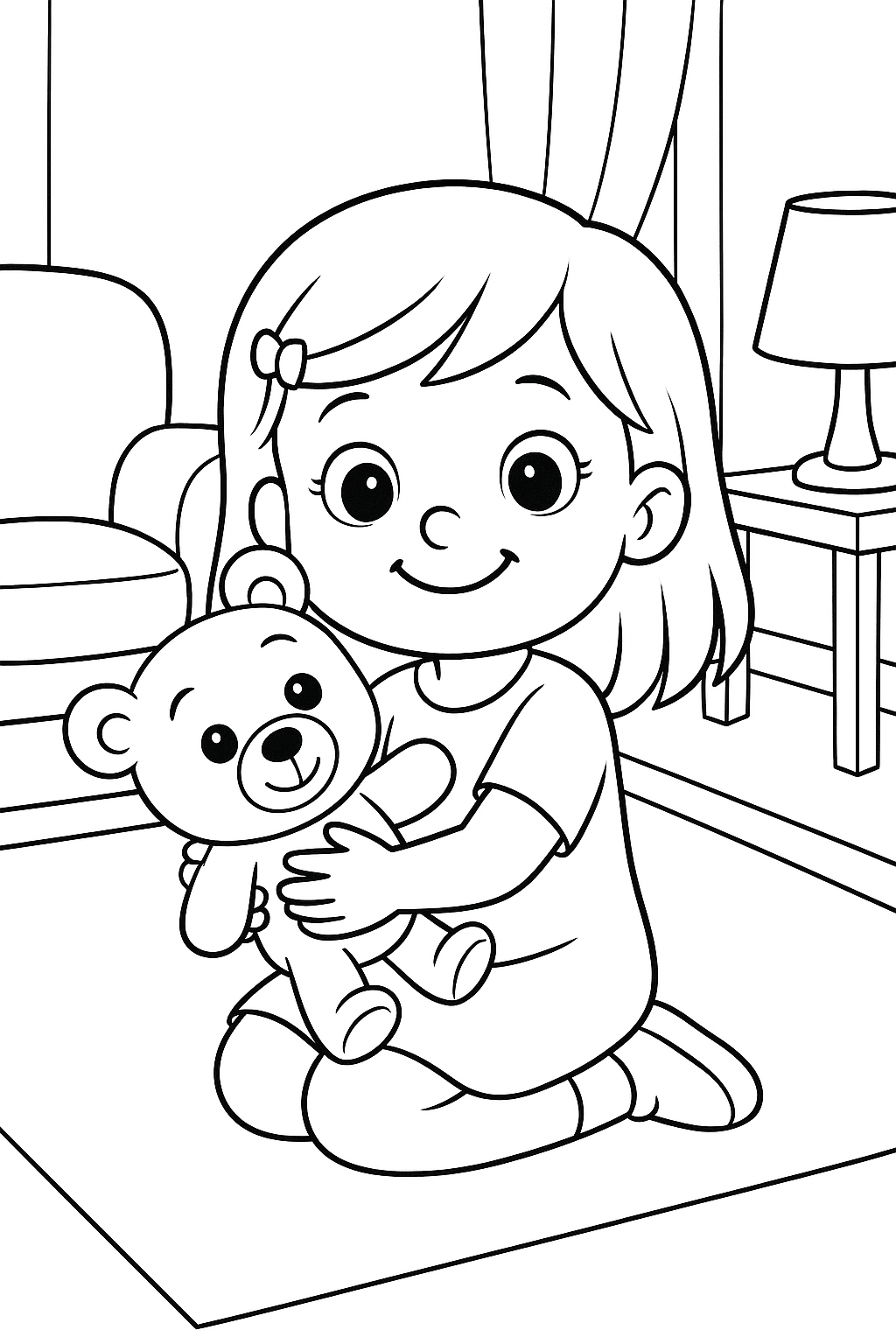 Girl hugging teddy bear coloring page