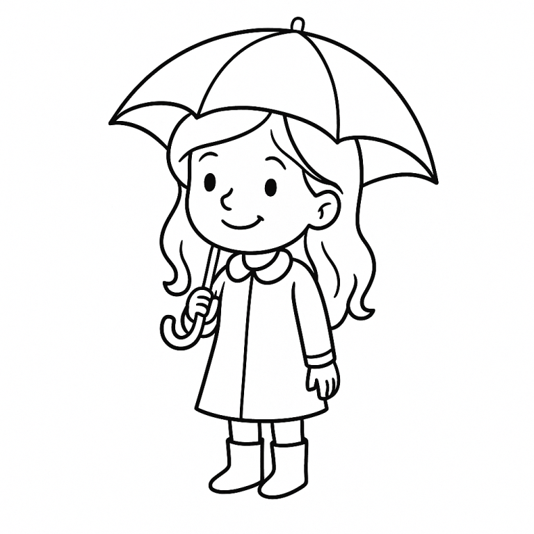 A young girl holding an umbrella in a coloring page