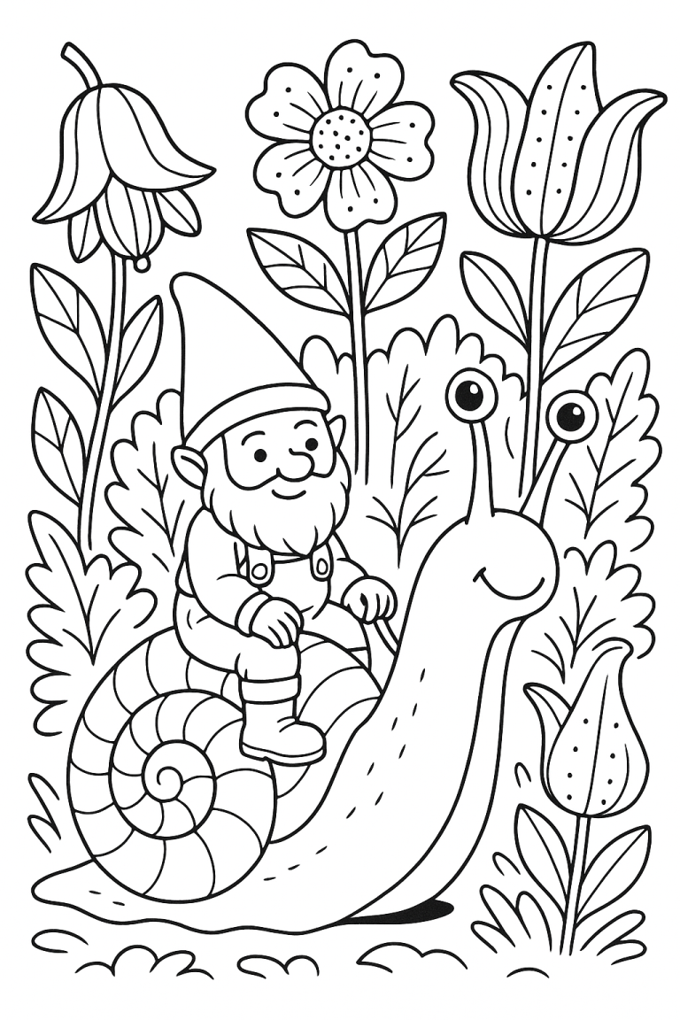 Gnome riding a snail with flowers