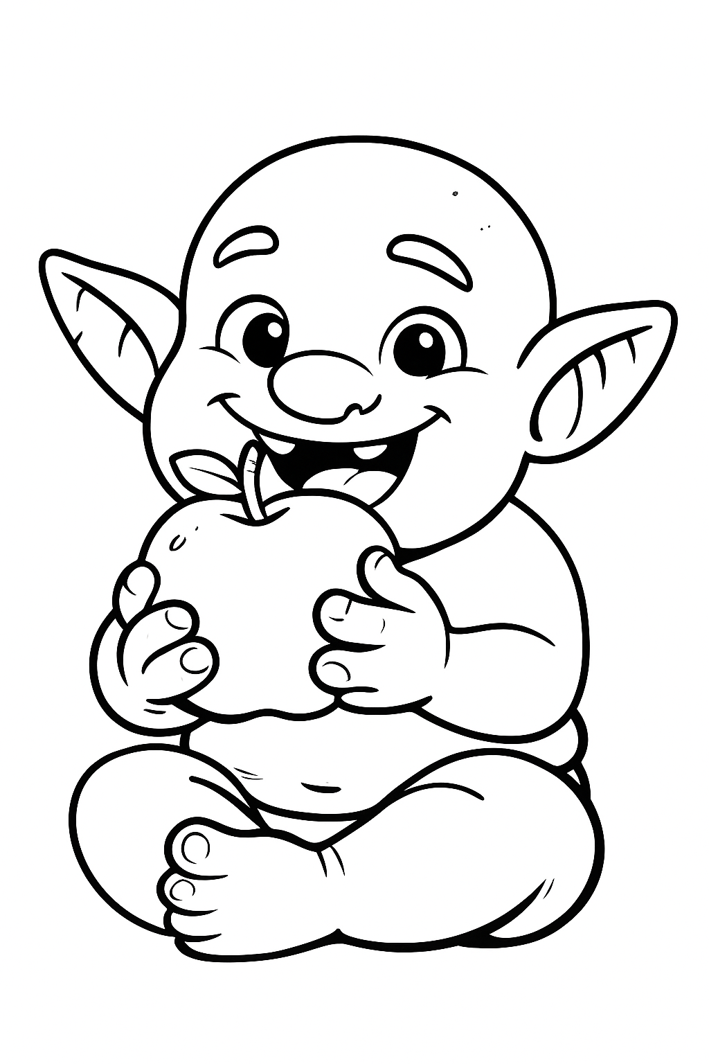 Goblin holding an apple coloring page for kids