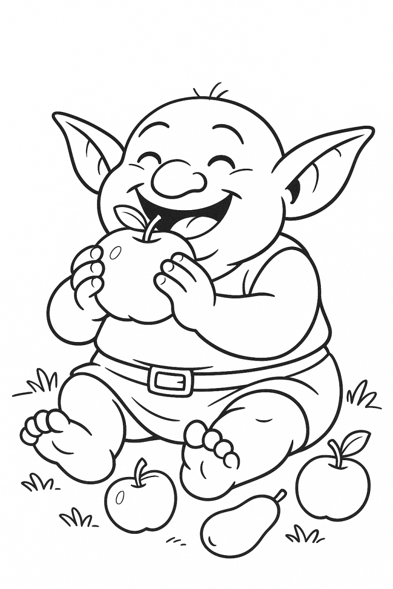 A happy goblin sitting with fruits, ready for coloring.