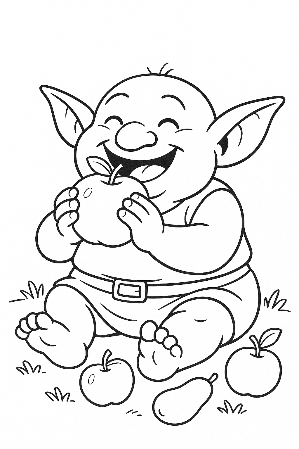 A happy goblin sitting with fruits, ready for coloring.