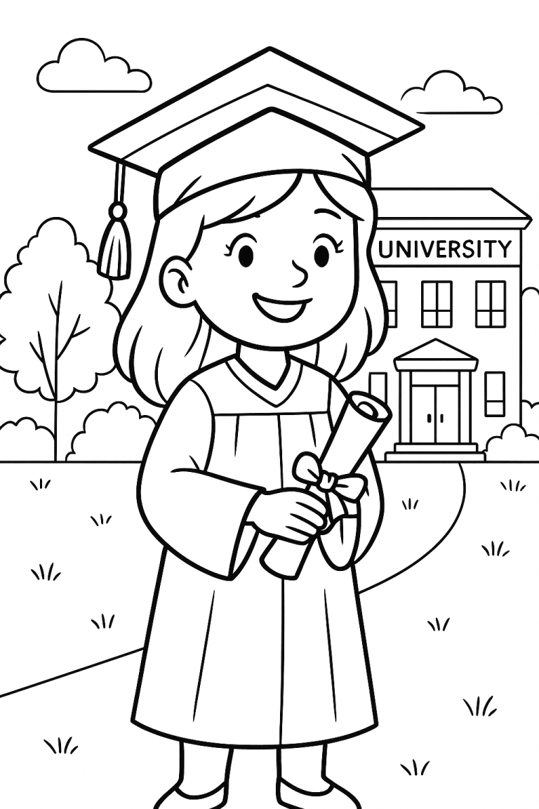 Children's coloring page of a graduate with diploma